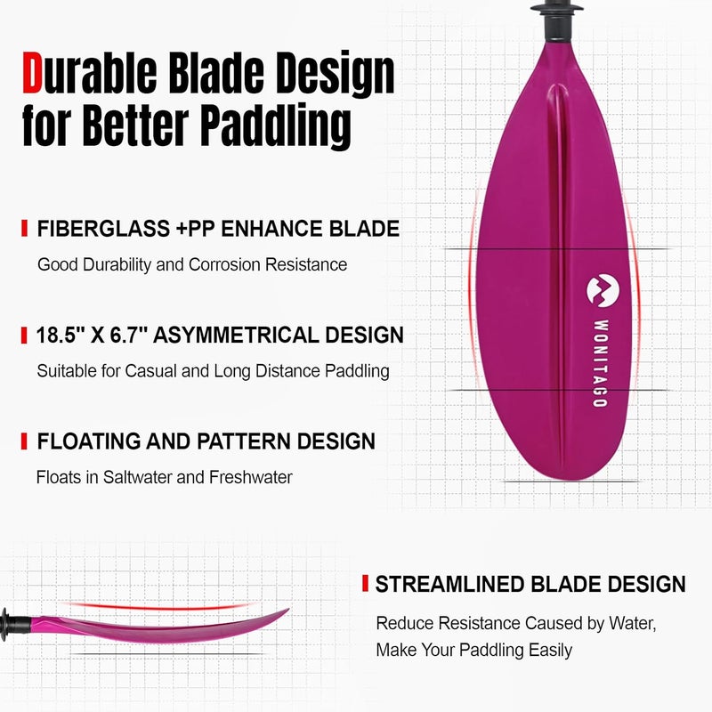 WONITAGO Kayak Paddles with Fiberglass Shaft and Reinforced PP Blade, Floating Adjustable Kayaking Oars, 3 Piece, 220-240 cm/86-94 Inches, 240-260 cm/94-102 Inches - Image 2